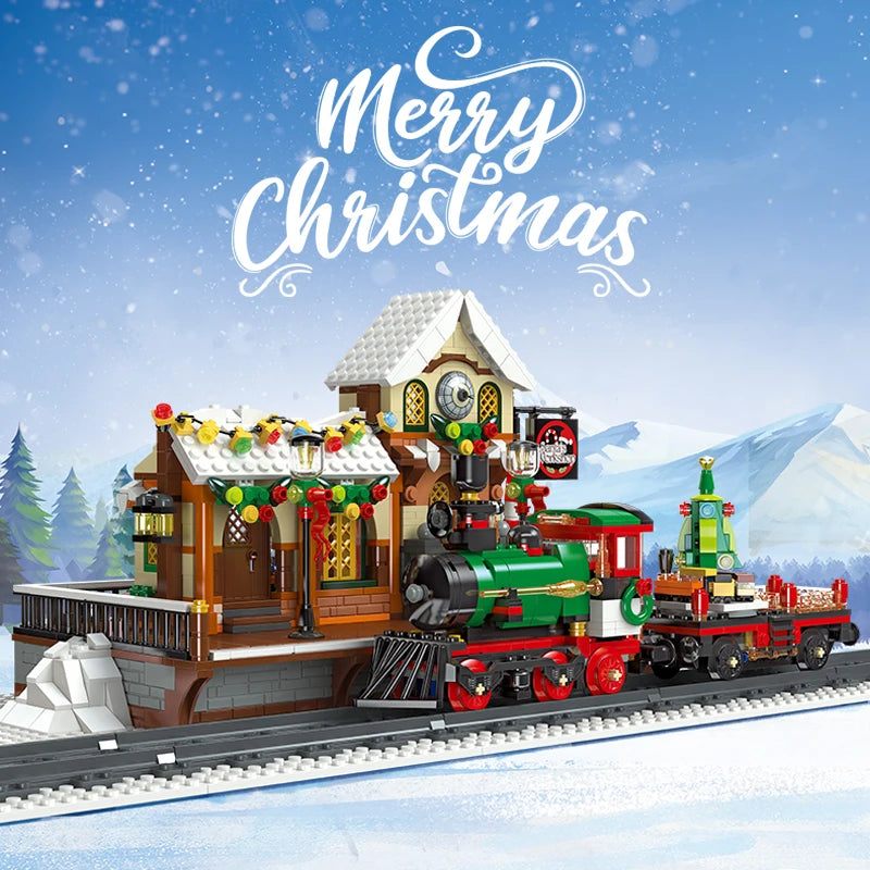 Christmas Train Platform With Light Street View Building Blocks Bricks