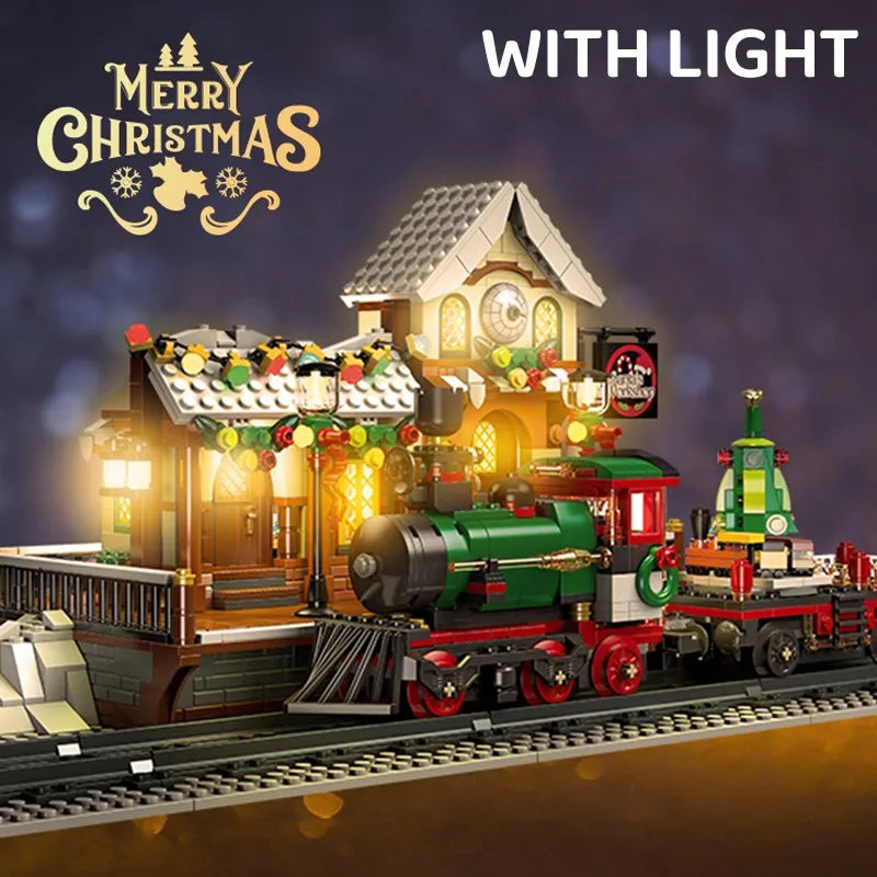 Christmas Train Platform With Light Street View Building Blocks Bricks