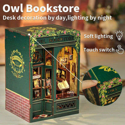 CUTEBEE DIY Book Nook Kit Miniature Wooden Dollhouse with Lights Bookshelf Insert 3D Puzzle Decor Model for Gifts Owl Bookstore