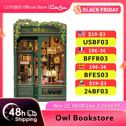 CUTEBEE DIY Book Nook Kit Miniature Wooden Dollhouse with Lights Bookshelf Insert 3D Puzzle Decor Model for Gifts Owl Bookstore