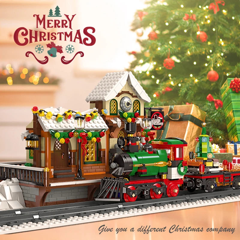 Christmas Train Platform With Light Street View Building Blocks Bricks